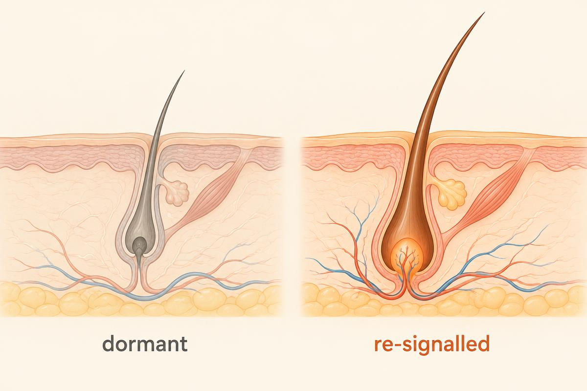 Cross-section of skin comparing a dormant hair follicle with a re-signalled, thickened follicle