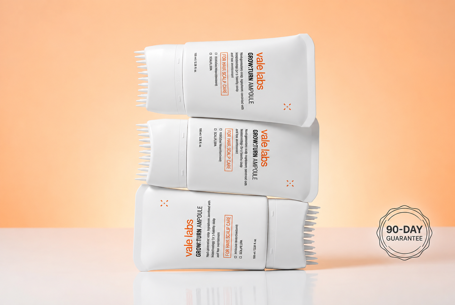 Three Vale Labs Grow:Turn Ampoule tubes stacked beside a 90-day guarantee seal