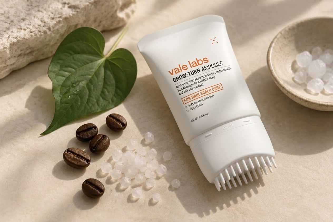 The Vale Labs Grow:Turn Ampoule tube staged on fresh heartleaf leaves with coffee beans on a light stone surface