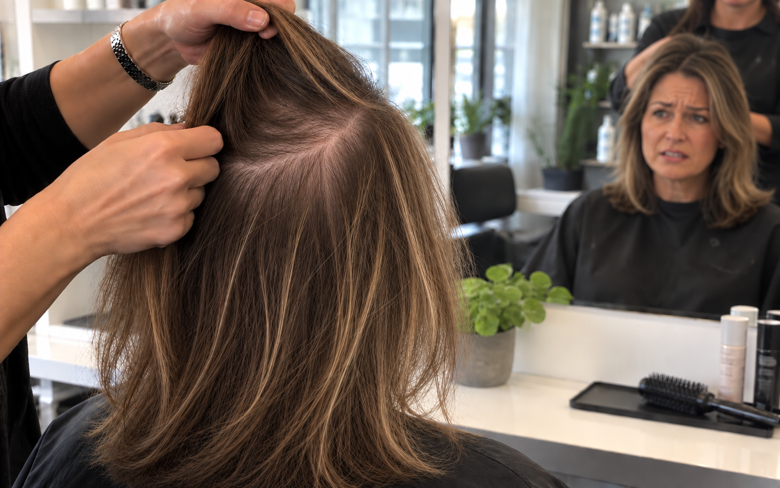 A stylist parting a client's hair at the crown to examine the scalp in a bright salon