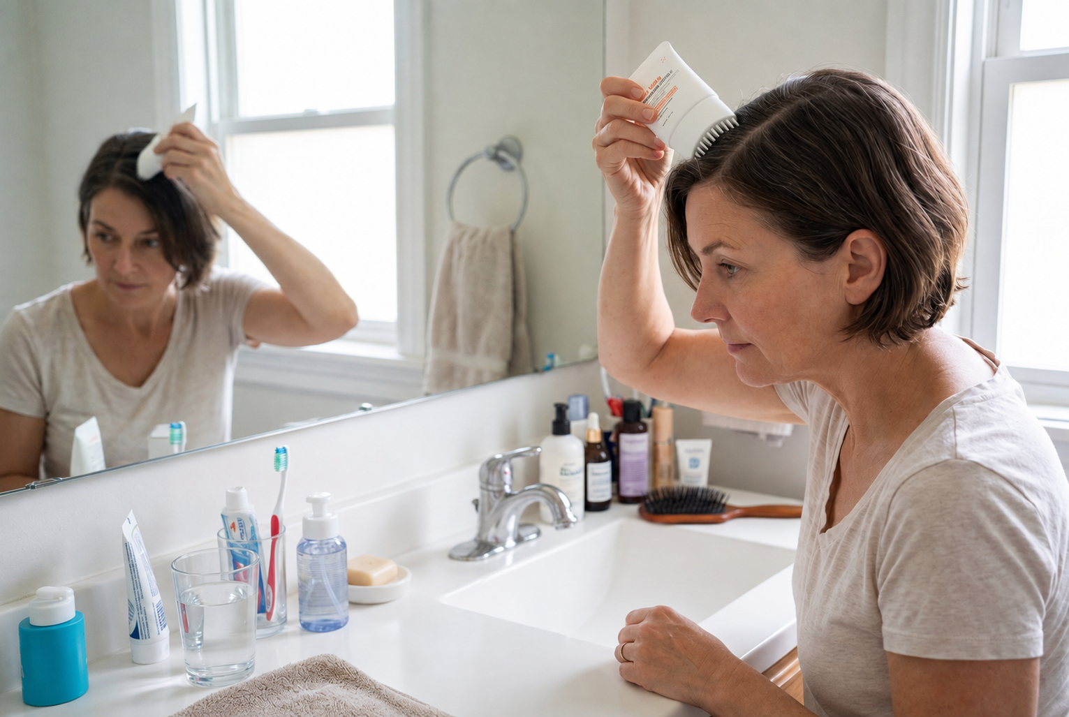 A woman brushing the Vale Labs applicator through her part at the bathroom counter