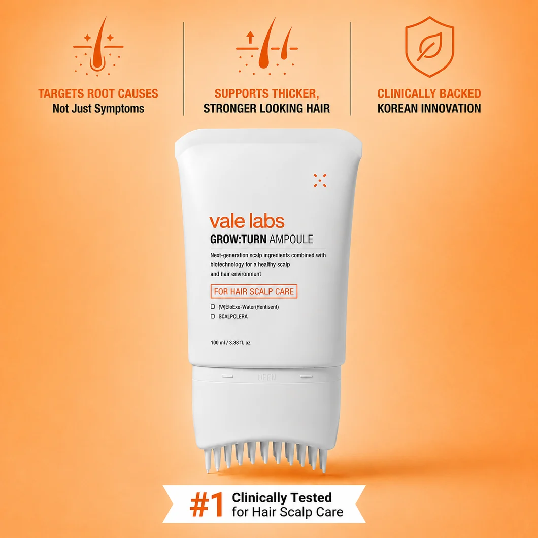 Vale Labs Grow:Turn Ampoule tube with clinically backed Korean innovation badge on an orange background