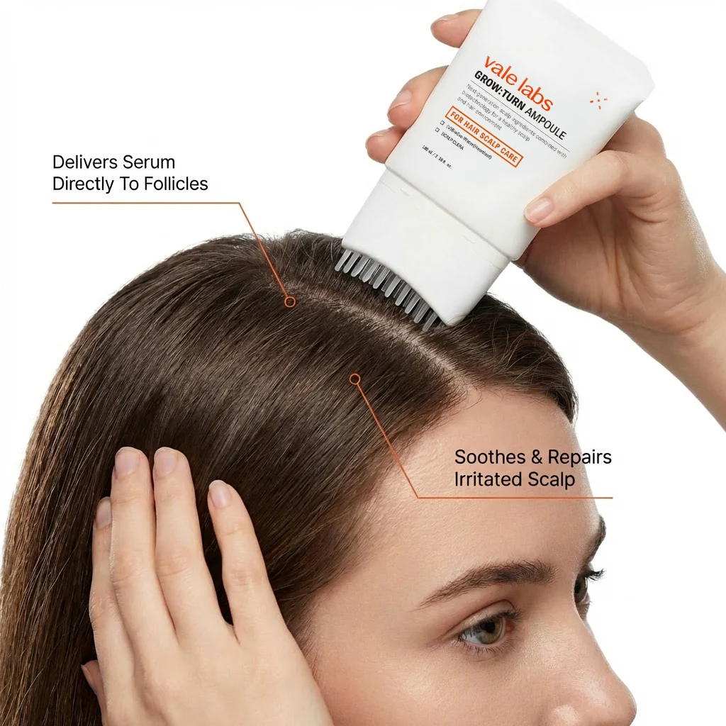 The Vale Labs brush applicator parting hair and delivering serum at the scalp