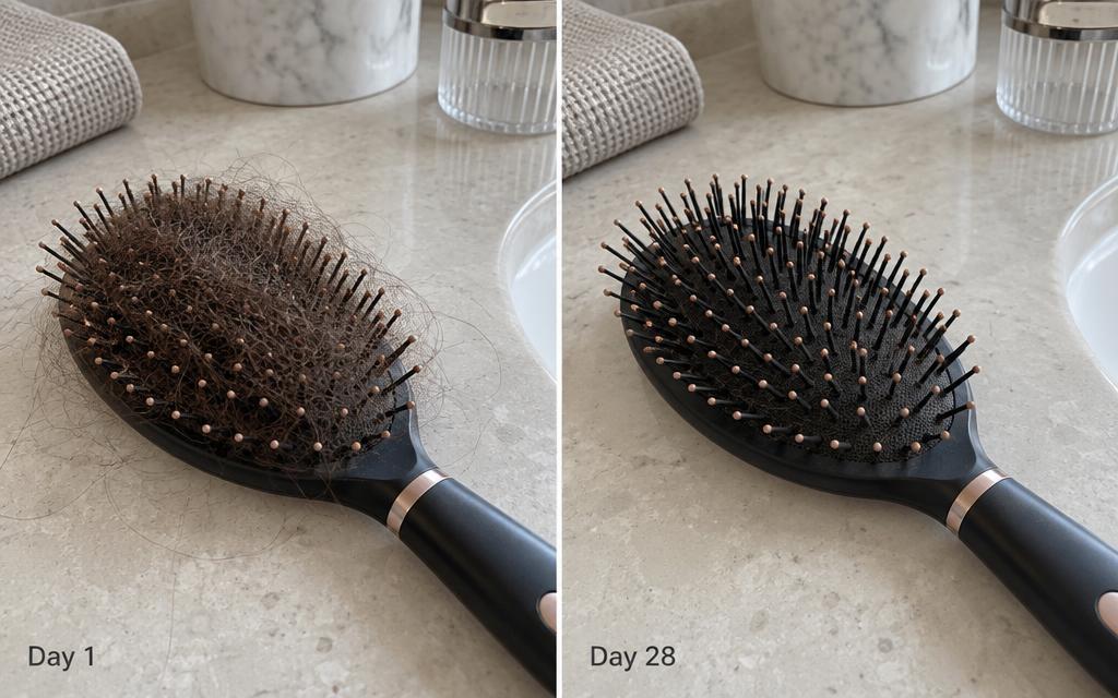 The same hairbrush shown with heavy shedding on day 1 and only a few strands on day 28