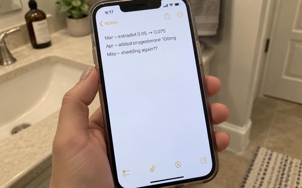 A phone note logging estradiol and progesterone changes followed by renewed shedding