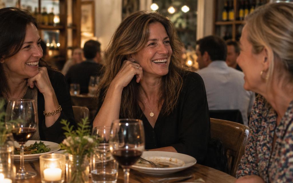 A woman in her 50s laughing naturally with friends over dinner, wearing her hair down