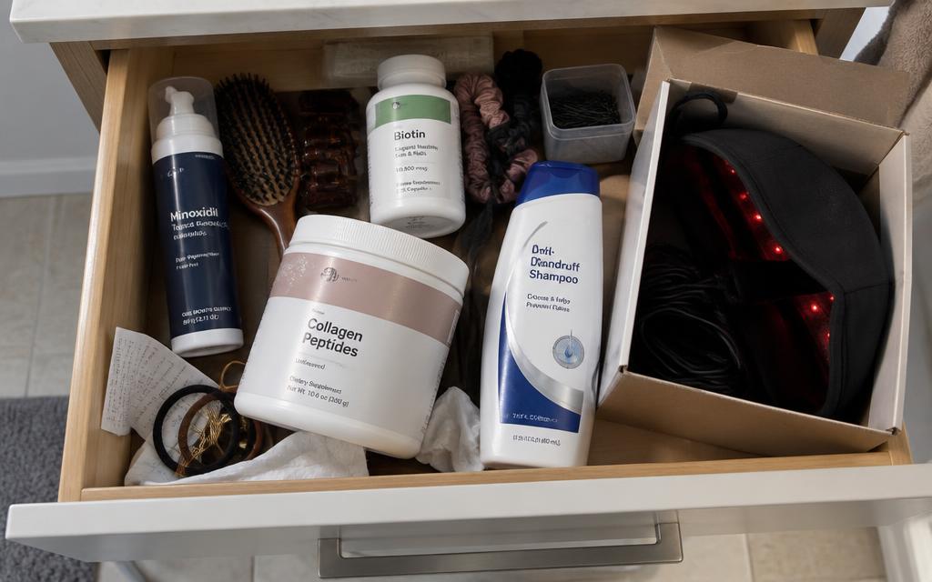 A bathroom drawer full of abandoned supplements, foam and a red-light cap